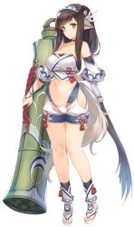 Rule 34 | 1girl, animal ears, aquaplus, breasts, brown hair, choker, closed mouth, female focus, full body, highres, holding, kawata hisashi, large breasts, long hair, looking at viewer, midriff, minagi (utawarerumono), official art, purple eyes, raised eyebrows, simple background, smile, solo, swimsuit, tail, thighs, transparent background, utawarerumono, utawarerumono: lost flag, very long hair