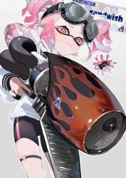 Rule 34 | 1girl, :3, absurdres, bike shorts, black shorts, closed mouth, commentary request, eyelashes, feet out of frame, flower-shaped pupils, goggles, goggles on head, grey background, gun, highres, holding, holding gun, holding weapon, inkling, inkling girl, inkling player character, lumos, nintendo, pink eyes, pink hair, pointy ears, range blaster (splatoon), short hair, short twintails, shorts, simple background, smirk, smug, solo, splashtag (splatoon), splatoon (series), splatoon 3, standing, sticker, symbol-shaped pupils, tentacle hair, thick eyebrows, thigh strap, twintails, weapon