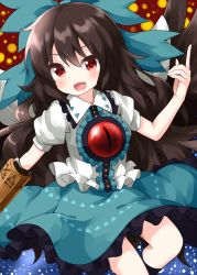 Rule 34 | 1girl, arm cannon, bird wings, black feathers, black hair, black legwear, black wings, blouse, brown background, cape, collared shirt, dotted background, feathered wings, feathers, green ribbon, green skirt, hair ribbon, highres, index finger raised, long hair, looking at viewer, open mouth, red eyes, reiuji utsuho, ribbon, ruu (tksymkw), shirt, short sleeves, skirt, smile, solo, standing, starry sky print, third eye, touhou, v-shaped eyebrows, weapon, white cape, white shirt, wings