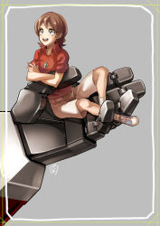 Rule 34 | 1girl, absurdres, alexis (transformers), bad id, bad pixiv id, beige shorts, blue footwear, brown hair, crossed arms, green eyes, highres, in palm, looking up, medium hair, open mouth, red shirt, shirt, shorts, sizuku 73, solo, starscream, transformers, transformers armada, transformers unicron trilogy