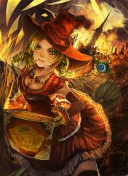 Rule 34 | 1girl, blonde hair, book, breasts, broom, broom riding, cleavage, cleavage cutout, clothing cutout, cloud, dress, drill hair, elbow gloves, eyeball, fantasy, flying, frilled dress, frills, gloves, green eyes, hair ribbon, hat, highres, long hair, magic, monster, original, pages, pentagram, red dress, red theme, ribbon, shirorin (ballet girl&#039;s), solo, thighhighs, tower, twin drills, wings, witch, witch hat, zettai ryouiki