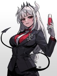 Rule 34 | 1girl, alcohol, black jacket, black necktie, blunt bangs, breasts, buttons, commentary, cup, demon girl, demon horns, drinking glass, gloves, helltaker, highres, horns, jacket, large breasts, long hair, looking at viewer, lucifer (helltaker), mole, mole under eye, necktie, paulandcookie, red eyes, red shirt, shirt, signature, smile, solo, white background, white hair, white horns, wine, wine glass