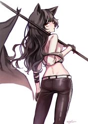 Rule 34 | 1girl, animal ears, belt, black gloves, black hair, black pants, blake belladonna, brown eyes, cat ears, crop top, dimples of venus, ecru, flag, from behind, gloves, holding, holding flag, long hair, looking at viewer, looking back, midriff, pants, rwby, shiny clothes, shirt, signature, simple background, skin tight, solo, standing, white background, white shirt
