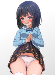 Rule 34 | 1girl, black hair, black skirt, blue bow, blue sailor collar, blue shirt, blunt bangs, blush, bob cut, bow, bow panties, breasts, cameltoe, clothes lift, commentary request, embarrassed, gradient background, granblue fantasy, grey background, hair ornament, hekomii, lifted by self, long hair, long sleeves, looking at viewer, open mouth, panties, pleated skirt, red eyes, sailor collar, shirt, skirt, skirt lift, small breasts, solo, thigh gap, thighhighs, underwear, vikala (granblue fantasy), white background, white panties, white thighhighs