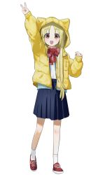 Rule 34 | 1girl, :d, absurdres, arm up, blonde hair, blue cardigan, blue skirt, blush, bocchi the rock!, bow, bowtie, brown eyes, cardigan, commentary request, full body, highres, hood, hooded jacket, ijichi nijika, jacket, long hair, long sleeves, looking at viewer, ogino panda, open cardigan, open clothes, open jacket, open mouth, red bow, red bowtie, red footwear, shirt, shoes, simple background, skirt, smile, sneakers, socks, solo, standing, v, white background, white shirt, white socks, yellow jacket, zipper