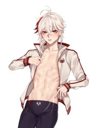 Rule 34 | 1boy, abs, antenna hair, black jammers, black male swimwear, blush, genshin impact, highres, jacket, jammers, kaedehara kazuha, male focus, male swimwear, medium hair, multicolored hair, muscular, muscular male, navel, open clothes, open shirt, red eyes, red hair, rourouki, short hair, simple background, solo, stomach, streaked hair, swimsuit, toned, toned male, white background, white hair
