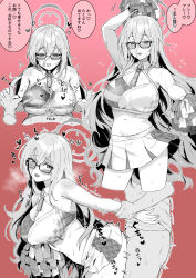 Rule 34 | 1boy, 1girl, ahoge, akane (blue archive), alternate costume, arm grab, blue archive, blush, breasts, cheerleader, cleavage, commentary request, glasses, gradient background, greyscale, greyscale with colored background, hair between eyes, hako reeema, halo, hetero, highres, holding, holding pom poms, large breasts, long hair, midriff, millennium cheerleader outfit (blue archive), monochrome, motion lines, multiple views, navel, paizuri, pom pom (cheerleading), pom poms, red background, sex, sex from behind, skirt, speech bubble, translation request