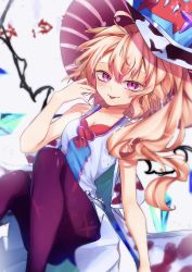 Rule 34 | 1girl, alternate costume, bat wings, blonde hair, blood, blood on clothes, breasts, calpis118, crystal, dress, eyebrows hidden by hair, flandre scarlet, highres, pantyhose, pink eyes, side ponytail, small breasts, thighband pantyhose, touhou, vampire, vampire sucker, waist cape, white dress, wings, yu-gi-oh!