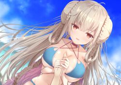 Rule 34 | 1girl, :d, ahoge, alternate costume, azur lane, bikini, blue bikini, blue sky, blush, braid, breasts, choker, cleavage, day, double bun, dutch angle, formidable (azur lane), formidable (the lady of the beach) (azur lane), hair bun, highres, holding hands, large breasts, light brown hair, long hair, looking at viewer, madotsukumo, navel, open mouth, outdoors, pov, red eyes, sidelocks, sky, smile, solo focus, swimsuit, tan, tanline, very long hair