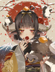 Rule 34 | 1girl, absurdres, ahoge, animal, animal ears, black hair, black shirt, blush, branch, brown kimono, bull, chinese zodiac, commentary request, covered collarbone, cow ears, cow girl, cow horns, curled horns, ear piercing, egasumi, flower, flower over mouth, food, food on head, fruit, grey background, hair flower, hair intakes, hair ornament, hands up, harui (hr x9 ), highres, horns, huge filesize, japanese clothes, kimono, mandarin orange, nail polish, obi, object on head, off shoulder, original, piercing, red background, red eyes, red flower, red nails, sash, shirt, short hair, signature, snow, solo, two-tone background, upper body, year of the ox