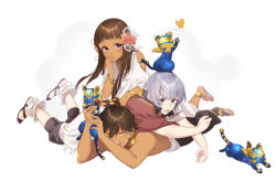 Rule 34 | 1girl, 2boys, :o, aged down, animal, anklet, bare shoulders, blunt bangs, bracelet, brown hair, bug, butterfly, cat, catching, cloak, covering own mouth, dark-skinned female, dark-skinned male, dark skin, faceless, fate/prototype, fate/prototype: fragments of blue and silver, fate (series), flower, grey hair, hair flower, hair ornament, hand over own mouth, hands up, holding, holding animal, insect, jewelry, leg warmers, long hair, looking at viewer, lying on person, moses (fate), multiple boys, necklace, nefertari (fate), omi (tyx77pb r2), outstretched arms, ozymandias (fate), pants, purple eyes, running, sandals, short sleeves, sphinx awlad, straight hair, topless male, white background, wings, yellow butterfly, yellow eyes
