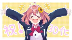 Rule 34 | &gt; &lt;, 1girl, :d, ahoge, blazer, blouse, bow, bowtie, brown hair, collared shirt, commentary, congratulations, flower, hair flower, hair ornament, hairclip, highres, honma himawari, jacket, kiui gunsou, nijisanji, open mouth, outline, outside border, outstretched arms, polka dot, polka dot background, red bow, red bowtie, shirt, short hair, smile, sunflower, sunflower hair ornament, tagme, virtual youtuber, white outline, white shirt, xd, yellow background