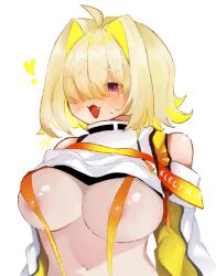 Rule 34 | ahoge, areola slip, blonde hair, blush, breasts, clothes lift, clothing cutout, crop top, cropped sweater, elegg (nikke), goddess of victory: nikke, grey shorts, hair intakes, hair over eyes, heart, highres, large breasts, long bangs, long sleeves, multicolored hair, navel, open mouth, purple eyes, rung hthaym10831, short hair, shorts, shoulder cutout, suspenders, sweatdrop, sweater, sweater lift, thigh strap, two-tone hair