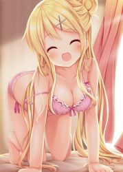 Rule 34 | 1girl, :d, ^ ^, all fours, bare shoulders, barefoot, bed sheet, blonde hair, blush, bra, breasts, cleavage, closed eyes, collarbone, commentary request, curtains, closed eyes, facing viewer, frilled bra, frills, hair bun, hair ornament, hairclip, highres, kin-iro mosaic, kujou karen, long hair, medium breasts, minato ojitan, open mouth, panties, pink bra, pink panties, side bun, single hair bun, single side bun, smile, solo, strap slip, underwear, underwear only