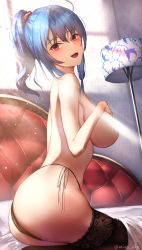 Rule 34 | 1girl, absurdres, artist name, ass, azur lane, bare back, bed, black panties, black thighhighs, blue hair, blush, breasts, commission, highres, lamp, large breasts, light censor, long hair, looking at viewer, lying, misa pika, no bra, on side, open mouth, panties, pixiv commission, ponytail, purple eyes, sideboob, simple background, sitting, smile, solo, st. louis (azur lane), teeth, thighhighs, thighs, underwear, upper teeth only