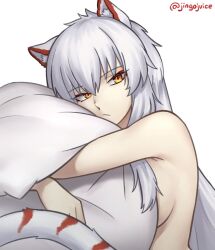 Rule 34 | 1girl, animal ear fluff, animal ears, armpit crease, azur lane, breasts, closed mouth, eyeliner, hugging object, hyuuga (azur lane), jingojuice, long hair, looking at viewer, makeup, medium breasts, nude, orange eyes, pillow, red eyeliner, sideboob, simple background, solo, tail, tiger ears, tiger girl, tiger tail, twitter username, upper body, white background, white hair
