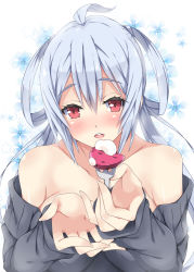 Rule 34 | 1girl, bare shoulders, black sweater, blue hair, blush, breasts, collarbone, commentary request, cream, feeding, food, fork, fruit, hair between eyes, hair rings, head tilt, holding, holding fork, incoming food, large breasts, long hair, long sleeves, looking at viewer, low twintails, matoi (pso2), milkpanda, nose blush, off-shoulder, off-shoulder sweater, off shoulder, phantasy star, phantasy star online 2, pov feeding, red eyes, solo, strawberry, sweater, teeth, twintails, upper teeth only, very long hair