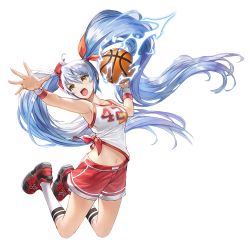 Rule 34 | 1girl, ahoge, arm up, armpits, ball, bare shoulders, basketball (object), blue hair, breasts, floating hair, full body, hair between eyes, jersey, king&#039;s raid, kneehighs, legs up, long hair, looking away, medium breasts, midriff, navel, non-web source, official art, open mouth, outstretched arm, red footwear, red shorts, shirt, shoes, short shorts, shorts, sidelocks, sleeveless, sleeveless shirt, sneakers, socks, solo, sonia (king&#039;s raid), sweatband, transparent background, twintails, v-shaped eyebrows, very long hair, white shirt, white socks, yellow eyes
