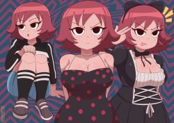 Rule 34 | 1girl, absurdres, black bow, black dress, black eyes, bluefrok, bob cut, body freckles, bow, breasts, cleavage, closed mouth, dress, finger gun, finger gun to head, freckles, highres, jacket, kim pine, large breasts, looking at viewer, multicolored clothes, multicolored jacket, multiple views, neck ribbon, polka dot, polka dot dress, red hair, ribbon, scott pilgrim (series), short hair, skirt, two-tone jacket