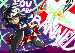 Rule 34 | 1girl, armband, black hair, blue shirt, glasses, headphones, indonesian text, internet positif, ipo-chan, kill la kill, original, parody, personification, plus sign, red eyes, red skirt, shirt, side ponytail, simple background, skirt, striped, striped background, symbol-shaped pupils