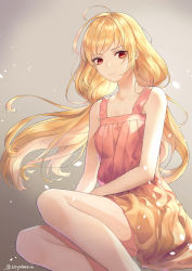 Rule 34 | 1girl, :|, bad id, bad pixiv id, blonde hair, closed mouth, commission, dress, gradient background, grey background, highres, long hair, looking at viewer, original, pink dress, red eyes, simple background, sitting, solo, soyubee, twitter username