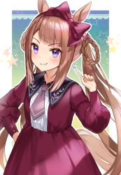 Rule 34 | 1girl, animal ears, bad id, bad pixiv id, blunt bangs, bow, bow hairband, braid, braided hair rings, brown hair, cowboy shot, dress, grin, hair bow, hair rings, hairband, hand on own hip, highres, horse ears, horse girl, horse tail, kiki-yu, long hair, long sleeves, looking at viewer, necktie, pink necktie, puffy long sleeves, puffy sleeves, purple eyes, red bow, red dress, short necktie, sidelocks, smile, smirk, solo, sweep tosho (umamusume), tail, twintails, umamusume