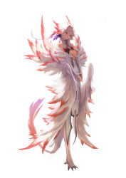 Rule 34 | 1girl, absurdres, bad id, bad pixiv id, bare shoulders, breasts, cha neung, commentary, english commentary, feathers, flower, full body, gradient hair, hair flower, hair intakes, hair ornament, harpy, head wings, highres, large breasts, long eyebrows, long legs, looking at viewer, monster girl, multicolored hair, multiple wings, original, own hands together, red eyes, red hair, slit pupils, solo, standing, tail, talons, two-tone hair, white background, white hair, winged arms, wings