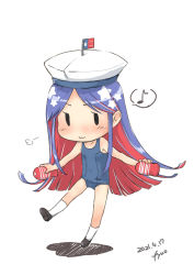 Rule 34 | 1girl, absurdres, artist name, blue hair, blue one-piece swimsuit, chibi, cosplay, dated, dress, eighth note, fairy (kancolle), flag, full body, fyuo, hat, highres, kantai collection, long hair, multicolored hair, musical note, one-piece swimsuit, red hair, sailor hat, school swimsuit, solo, south dakota (kancolle), spoken musical note, standing, star (symbol), swimsuit, tenga, white hair, white hat