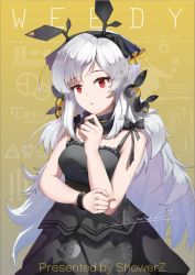 Rule 34 | 1girl, alternate costume, arknights, bare arms, bare shoulders, black dress, breasts, character name, choker, dress, gradient background, hair ornament, hair ribbon, hand on own chin, hand up, long hair, looking at viewer, parted lips, red eyes, ribbon, showerz, silver hair, sleeveless, sleeveless dress, small breasts, solo, spaghetti strap, upper body, watermark, weedy (arknights), wristband, yellow background