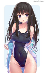 Rule 34 | 1girl, :o, black hair, blue background, blush, breasts, collarbone, commentary request, competition swimsuit, covered navel, gluteal fold, highres, hong (white spider), inoue takina, jacket, large breasts, long hair, looking at viewer, lycoris recoil, one-piece swimsuit, patreon username, purple eyes, simple background, solo, swimsuit, thighs, two-tone background, wet, wet clothes, wet swimsuit, white background, white jacket