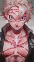 Rule 34 | 1boy, abs, absurdres, brown eyes, collared jacket, scar on face, highres, ibuo (ibukht1015), jacket, kimetsu no yaiba, male focus, muscular, open clothes, open jacket, scar, scar on cheek, scar on face, shinazugawa sanemi, simple background, solo, unbuttoned, white hair