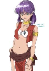 Rule 34 | 1girl, bandeau, bracelet, breasts, closed mouth, cropped vest, dark-skinned female, dark skin, earrings, fushigi no umi no nadia, green eyes, hair ornament, hairclip, jewelry, loincloth, looking at viewer, midriff, nadia la arwall, navel, neck ring, necklace, purple hair, red vest, saki (s aki0330), short hair, simple background, smile, solo, strapless, tube top, vest, white background