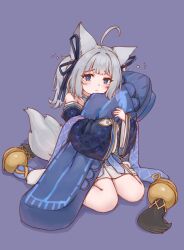 Rule 34 | 1girl, absurdres, aged down, ahoge, animal ears, azur lane, blue eyes, blue kimono, blue ribbon, commentary request, fox ears, fox girl, fox tail, full body, grey hair, hair ribbon, highres, hugging object, japanese clothes, kimono, kitsune, looking at viewer, moekoso (qmzs kokoso), pleated skirt, purple background, ribbon, shinano-chan (azur lane), shinano (azur lane), simple background, skirt, skirt under kimono, socks, solo, tail, white skirt, white socks, wide sleeves