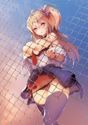 Rule 34 | 1girl, absurdres, against fence, bare shoulders, between breasts, black thighhighs, blonde hair, blush, bra, bra pull, breast press, breasts, brown hair, chain-link fence, clothes pull, fence, from below, hair ribbon, highres, lace, lace-trimmed bra, lace-trimmed panties, lace trim, large breasts, long hair, necktie, nipples, off shoulder, one side up, open mouth, original, panties, panty pull, parted lips, pink bra, pink panties, purple bra, purple eyes, purple panties, purple thighhighs, pussy juice, pyon-kichi, red necktie, ribbon, saliva, school uniform, scrunchie, side ponytail, skirt, solo, strap slip, sweat, tears, thighhighs, unbuttoned, underwear, wrist scrunchie