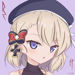 Rule 34 | 1girl, absurdres, azur lane, bare shoulders, beret, black hat, bow, collarbone, commentary request, covered collarbone, cross, dated, hair bow, hat, hat bow, highres, iron cross, light brown hair, looking at viewer, parted lips, portrait, purple background, rock zinc, signature, simple background, solo, striped bow, white bow, z23 (azur lane)