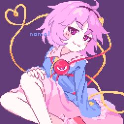 Rule 34 | 1girl, artist name, black background, blue shirt, closed mouth, commentary, futsu nomal, heart, heart of string, highres, komeiji satori, long sleeves, looking at viewer, pink eyes, pink hair, pink skirt, pixel art, shirt, short hair, simple background, skirt, solo, third eye, touhou