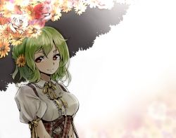 Rule 34 | 1girl, backlighting, bad id, bad pixiv id, bow, breasts, flower, green hair, hair flower, hair ornament, kazami yuuka, looking at viewer, open clothes, open vest, parasol, puffy sleeves, red eyes, shironeko yuuki, shirt, short sleeves, smile, solo, touhou, umbrella, upper body, vest