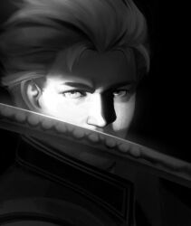 Rule 34 | 1boy, commentary, cowl, dark, dark background, devil may cry (series), devil may cry 5, english commentary, expressionless, greyscale, male focus, monochrome, pomki, portrait, solo, sword, vergil (devil may cry), weapon, yamato (sword)