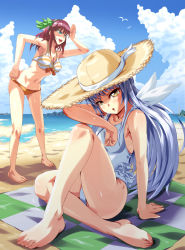 Rule 34 | 10s, 2girls, :d, :o, angel beats!, bad feet, barefoot, beach, bikini, breasts, cleavage, cloud, day, feet, hand on own hip, hat, head tilt, hiropon pj, leaning forward, legs, long hair, looking at viewer, medium breasts, multiple girls, one-piece swimsuit, open mouth, outdoors, shading eyes, sitting, sky, smile, straw hat, swimsuit, tenshi (angel beats!), white one-piece swimsuit, nakamura yuri