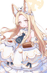 Rule 34 | 1girl, animal, animal ear fluff, animal ears, animal on head, bird, bird on head, blonde hair, blue archive, blush, cake, commentary request, cup, detached sleeves, dress, flower, food, frilled dress, frills, hair flower, hair ornament, halo, highres, holding, holding plate, long hair, long sleeves, looking at viewer, on head, open mouth, plate, sateto (user knrf2332), seia (blue archive), simple background, sleeves past fingers, sleeves past wrists, smile, solo, swiss roll, teacup, very long hair, white background, white dress, wide sleeves, yellow eyes, yellow halo