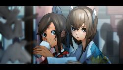 Rule 34 | 2girls, absurdres, bob cut, brown eyes, brown hair, commentary request, dark-skinned female, dark skin, floral print, hair ornament, hato kan, headgear, highres, i-401 (kancolle), japanese clothes, kantai collection, kimono, letterboxed, looking at viewer, multiple girls, official alternate costume, ponytail, red kimono, short hair, taihou (kancolle), tumbler, white kimono