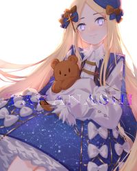 Rule 34 | 1girl, abigail williams (animejapan 2018) (fate), abigail williams (fate), absurdres, artist name, beret, blonde hair, blue dress, blue eyes, blush, bow, constellation print, cowboy, cowboy western, dress, dress bow, fate/grand order, fate (series), hair bow, hair ornament, hat, highres, holding, holding stuffed toy, long hair, looking at viewer, multiple hair bows, neko (takanashi), official alternate costume, orange bow, parted bangs, simple background, sleeves past fingers, sleeves past wrists, smile, solo, stuffed animal, stuffed toy, teddy bear, very long hair, western, white background, white bow