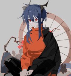 Rule 34 | 1girl, absurdres, alternate costume, arknights, black jacket, black pants, blue hair, ch&#039;en (arknights), dragon girl, dragon horns, hair between eyes, highres, horns, indian style, jacket, lihuashuangxiang, long hair, looking at viewer, low twintails, orange sweater, pants, plant, potted plant, sidelocks, sitting, solo, sweater, twintails, umbrella