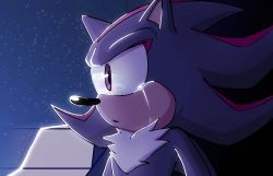 Rule 34 | 1boy, artist name, black fur, chronocrump, close-up, frown, highres, looking to the side, male focus, multicolored fur, night, night sky, no humans, pointy ears, red eyes, red fur, sad, shadow the hedgehog, sky, solo, sonic (series), sonic adventure 2, space, star (sky), tears, topless male, twitter username, white fur