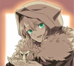 Rule 34 | 1girl, add (fate), aoba (smartbeat), breasts, cloak, cube, dress, fate (series), fur-trimmed cloak, fur trim, gray (fate), green eyes, hood, hooded cloak, long hair, long sleeves, looking at viewer, lord el-melloi ii case files, medium breasts, open mouth, sidelocks, smile, spot color