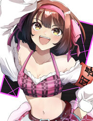 Rule 34 | 1girl, :d, absurdres, arm up, belt, belt buckle, blush, bow, bow hairband, breasts, brown hair, buckle, cleavage, collarbone, crop top, hair bow, hairband, halterneck, hand on own hip, highres, long hair, long sleeves, midriff, navel, open mouth, pink bow, pink hairband, red belt, sasai tuki, small breasts, smile, solo, stomach, suzumiya haruhi, suzumiya haruhi no yuuutsu, upper body, yellow eyes
