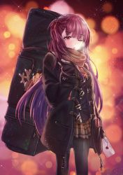 Rule 34 | 1girl, arm behind back, arm up, artist name, bad id, bad twitter id, belt, black gloves, black pantyhose, blazer, blunt bangs, blush, breasts, breath, brown hair, brown skirt, buckle, coat, cold, eyes visible through hair, girls&#039; frontline, gloves, hair ribbon, highres, holding, holding letter, holding strap, jacket, large breasts, leaning forward, letter, long hair, looking at viewer, necktie, necoring862, night, night sky, official alternate costume, one eye closed, one side up, open clothes, open coat, open mouth, pantyhose, pleated skirt, purple hair, red eyes, red necktie, red scarf, ribbon, scarf, skirt, sky, snowflake print, solo, sparkle, standing, very long hair, wa2000 (date in the snow) (girls&#039; frontline), wa2000 (girls&#039; frontline), weapon bag