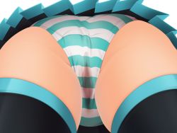 Rule 34 | 1girl, ass, bent over, black thighhighs, close-up, crotch, hatsune miku, panties, pleated skirt, pussy juice, samuneturi, simple background, skindentation, skirt, solo, striped clothes, striped panties, thighhighs, thighs, uncensored, underwear, upskirt, vocaloid, wet, wet clothes, wet panties, white background