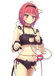 Rule 34 | 1girl, bare shoulders, bell, blush, breasts, cat ear panties, cat lingerie, cleavage cutout, clothing cutout, culter, eyeball, hairband, komeiji satori, looking at viewer, meme attire, midriff, navel, panties, pink eyes, pink hair, short hair, side-tie panties, simple background, small breasts, solo, standing, string, sweatdrop, tail, thighhighs, third eye, touhou, twitter username, underwear, underwear only, white background, wrist cuffs