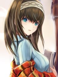 Rule 34 | 1girl, :d, bad id, bad twitter id, blue eyes, blue sweater, book, breasts, brown hair, commentary request, from side, hair between eyes, hairband, holding, holding book, idolmaster, idolmaster cinderella girls, indoors, long hair, looking at viewer, looking to the side, medium breasts, nannacy7, open book, open mouth, sagisawa fumika, shawl, smile, solo, sweater, tareme, upper body